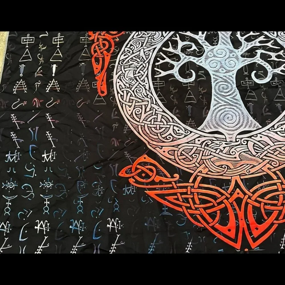 Black White and Red Nordic Norse Mythology Ruins Large Tapestry